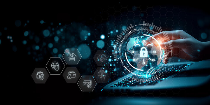 Cybersecurity and Data Protection. Interacting with a glowing digital globe surrounded by lock icons and digital data. Cybersecurity, data protection, encryption and safeguarding information.