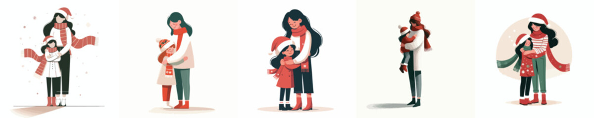 vector mother hugging daughter on christmas