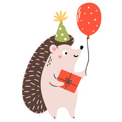 A cute hedgehog wearing a birthday hat is holding a balloon. Vector illustration on a white background. . Vector illustration
