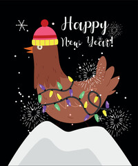 Happy New Year Chicken Wearing  Hat and Lights at Snow Background