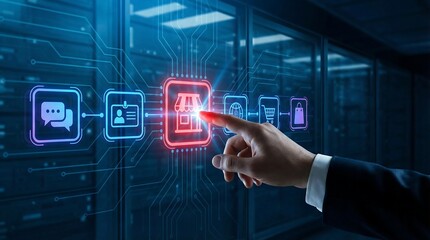 Businessman interacting with futuristic e-commerce interface in modern office