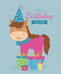 Happy BirthdayTo You Horse  Wearing Party Hat and Sweater at Present Background