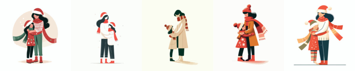 vector mother hugging daughter on christmas