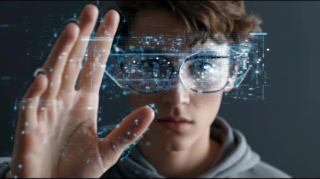 Young person interacts with futuristic ai language learning app interface using augmented reality glasses and virtual digital technology, displaying curiosity and focus in modern environment