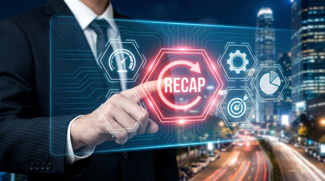 Businessman interacting with futuristic digital interface in cityscape - Powered by Adobe