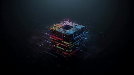 Abstract technology cube design with colorful digital details view