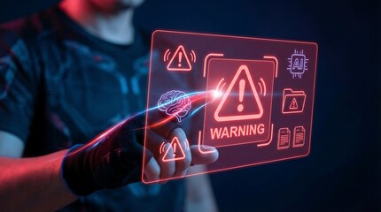 Man interacting with futuristic warning signs on digital screen
