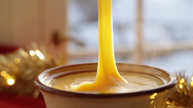 Super slow motion footage of a stretching string of melted fondue cheese on a wooden fork under a string of fairy lights against a window, concept of tempting food and warmth