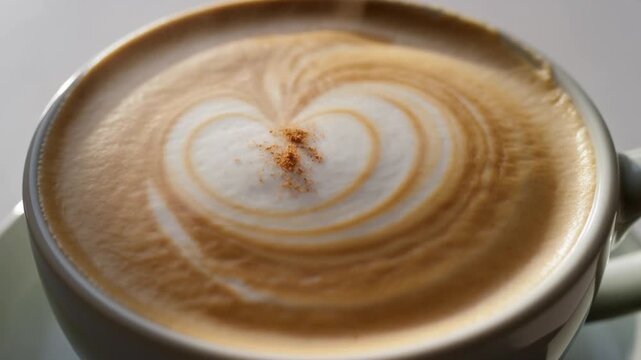 Macro shot of thick foam with latte art and cinnamon on a steamy cappuccino cup in side light, perfect winter morning concept