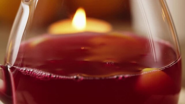Macro shot of rising bubbles in ruby ​​non-alcoholic mulled wine in a glass teapot by candlelight, family holiday drink concept