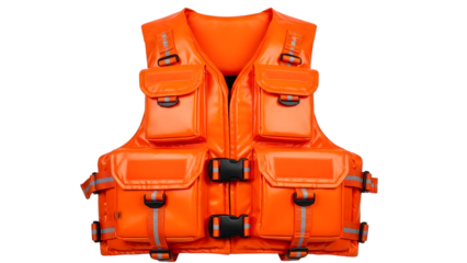 Orange life vest with multiple pockets and reflective strips isolated on a transparent background life jacket