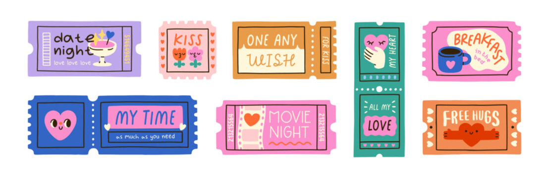 Love tickets set. Romantic card, coupon designs for couple play, Valentine day game. Funny vouchers, gifts with cute hearts, kisses, hugs, date. Flat vector illustrations isolated on white background