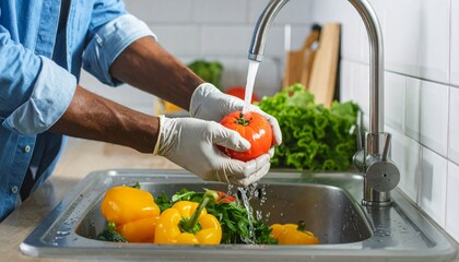 Man washing fresh vegetables under kitchen sink faucet