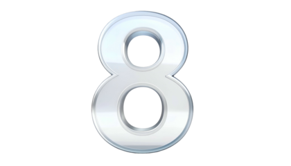 A gleaming number eight, rendered in a 3D style. The digit has a silver border with a bright white fill against a black background