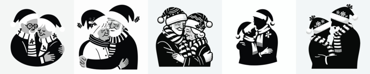 vector silhouette half body of old couple giving a warm hug at Christmas