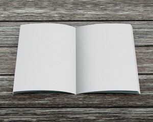 Opened brochure, catalog blank inside pages on wooden planks old table brown background 3d illustration.
