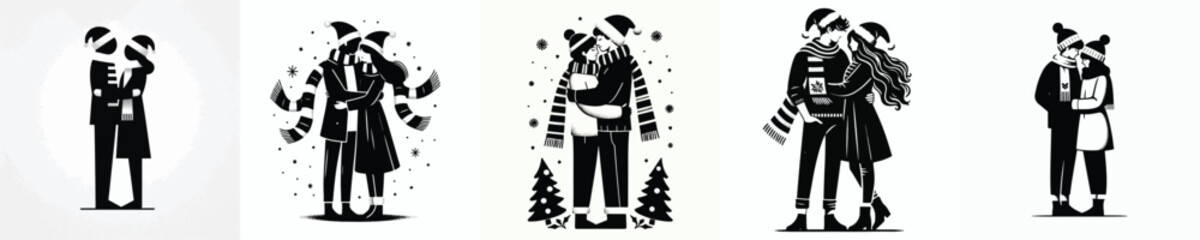 vector silhouette full body of couple giving a warm hug at Christmas © My_Vector