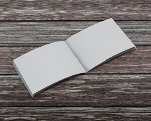 Wide, horizontal, opened brochure, pamphlet with blank pages on wooden, texture planks, mockup 3d rendering.