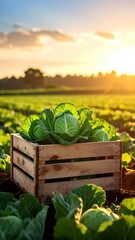 Cabbage in crate at sunset.