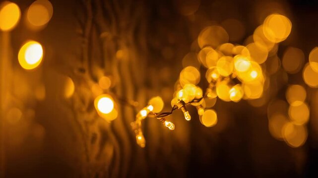 Shifting camera focus to reveal twisted wire, plastic housings on warm-white LED string in dim room