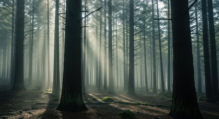 Obraz premium Mystical sunbeams filtering through a dense, silent woodland setting, showcasing natural beauty