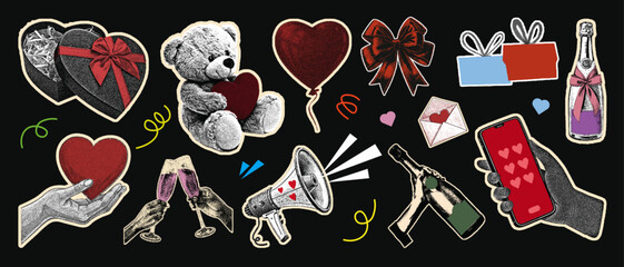 set of valentine day halftone collage art cutouts. retro vintage dot texture vector illustration. teddy bear, gift box, heart, bow, megaphone,  mobile phone, Love romance, gift box, envelope.