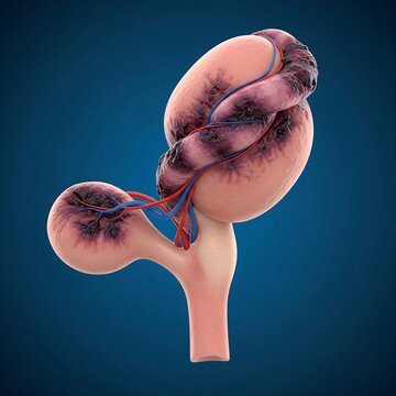 realistic ovary model is twisted around its pedicle (blood supply), showing deep purple/black necrosis and engorgement due to lack of blood flow. A spiral twist effect emphasizes the emergency. Blue b