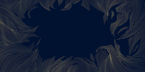 Abstract oriental vector background, flowing waves, gold on blue traditional Chinese, Japanese design. Elegant contour, ink texture, cloud shapes. Luxury poster, decorative frame, nature wallpaper, fr