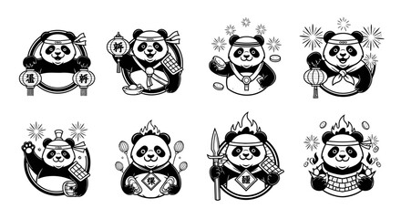 Eight Cartoon Panda Characters in Various Costumes.