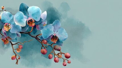 Watercolor illustration of a blooming orchid branch, featuring soft blue petals and small red berries on a subtle teal background