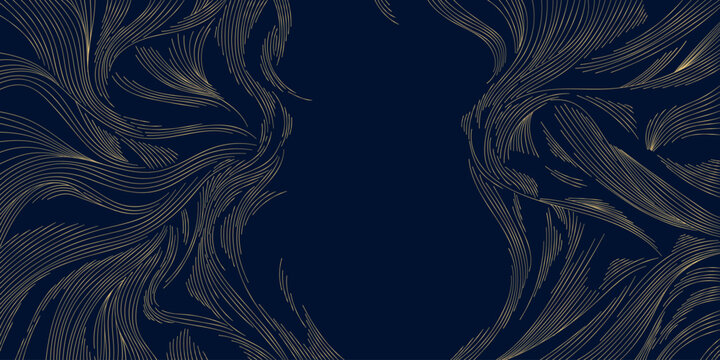 Abstract oriental vector background, flowing waves, gold on blue traditional Chinese, Japanese design. Elegant contour, ink texture, cloud shapes. Luxury poster, decorative frame, nature wallpaper, fr