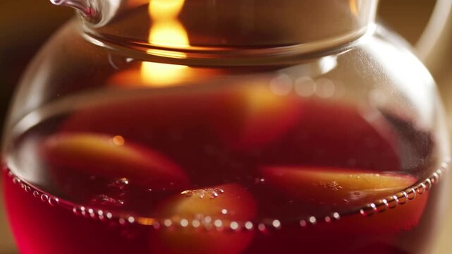 Macro shot of rising bubbles in ruby ​​non-alcoholic mulled wine in a glass teapot by candlelight, family holiday drink concept