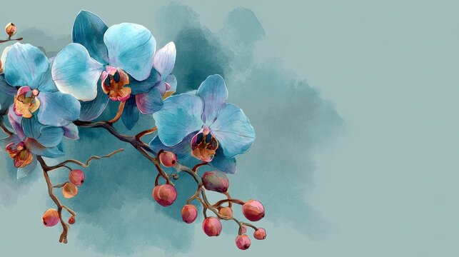 Watercolor illustration of a blooming orchid branch, featuring soft blue petals and small red berries on a subtle teal background - Powered by Adobe