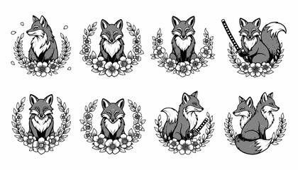 Illustrations of Foxes in Floral Wreaths.