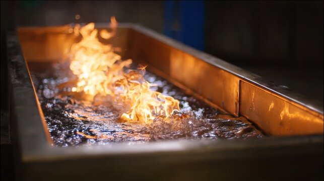Closeup of rapid quenching process with metal plunging into oil bath highlighting heat transfer and cooling effects in industrial metal treatment.