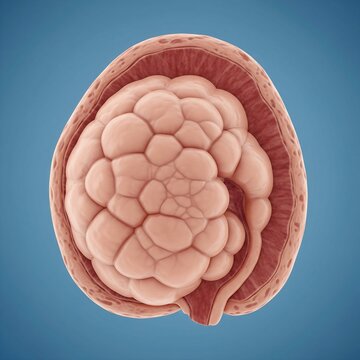 Ovarian Germ Cell Tumor (Dysgerminoma) depicted as a large, homogeneous, soft, pink-tan mass replacing the ovary's structure. The surface is smooth but lobulated. Blue background,  focus on youthful p