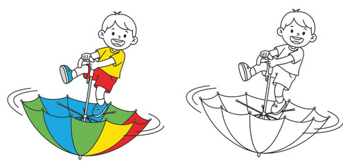 Inside an inverted, colorful umbrella with a black and white coloring page outline a cute cartoon boy plays and spins Vector illustration for educational and recreational purposes