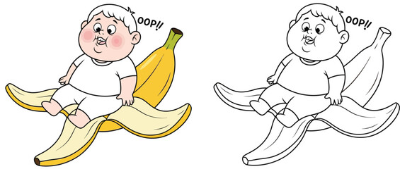 With a black and white coloring page outline a cute plump cartoon newborn boy sits on a huge peeled banana and says Oops Vector illustration for a children's project