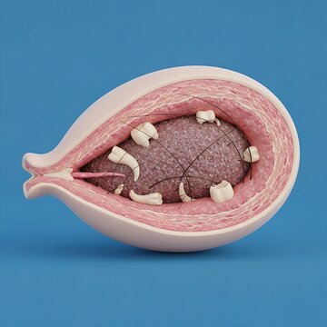 Dermoid Cyst (Mature Cystic Teratoma), cut open to reveal a chaotic mix of tissue inside, including hair, teeth, and sebaceous material within the ovary's tissue. The outer ovary is smooth and pale. I