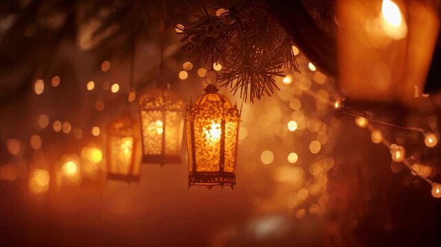 Swaying filigree lantern casting amber glow at night path, camera pulling focus for festive mood