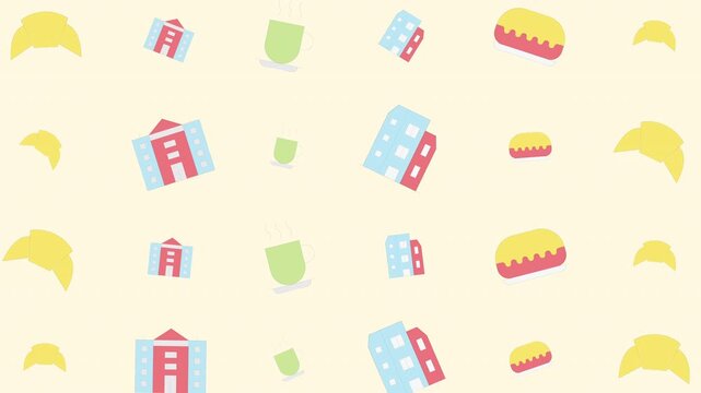 Pattern of colorful hot dog and drink icons scattered on light yellow background, flat graphic design, playful food theme, top-down view