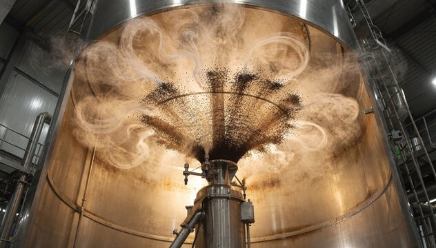Industrial view of the spray drying tower midprocess focusing on the concentrated coffee sprayed at high pressure in the heated vertical structure emitting fine vapor trails.