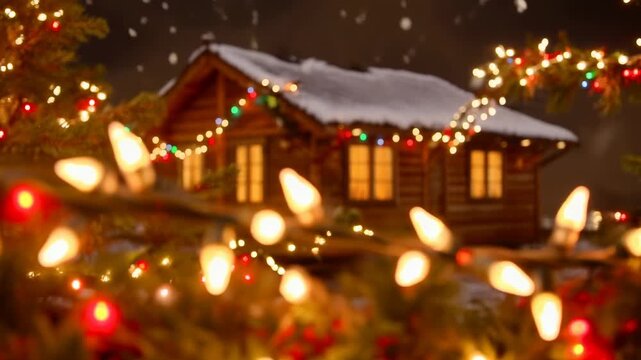 Camera shifting focus to reveal snow-covered log cabin at night, garland with lights, snow falling