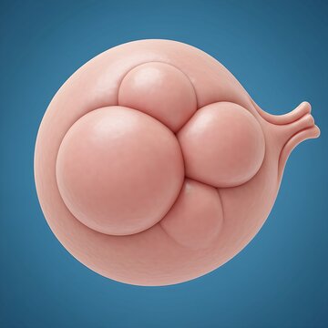 Ovarian Germ Cell Tumor (Dysgerminoma) depicted as a large, homogeneous, soft, pink-tan mass replacing the ovary's structure. The surface is smooth but lobulated. Blue background,  focus on youthful p