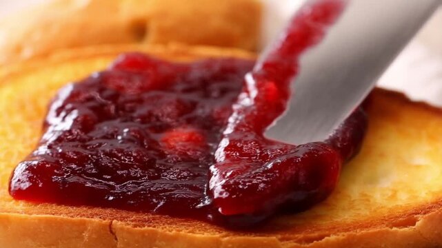 Macro shot of spreading thick berry jam with whole berries on brioche toast, fruity sweet and breakfast concept