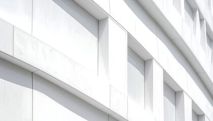 Bright white building facade with rectangular windows, viewed from a low angle, bathed in sunlight and shadow
