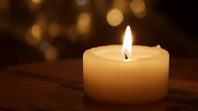 Brief gust causing pillar candle flame leaning right on wooden tabletop, wax pool and bokeh lights