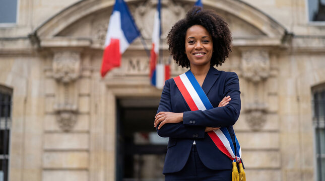 Portrait of a confident female French mayor wearing the official tricolor sash with arms crossed. Smiling elected woman standing in front of a town hall with French flags.