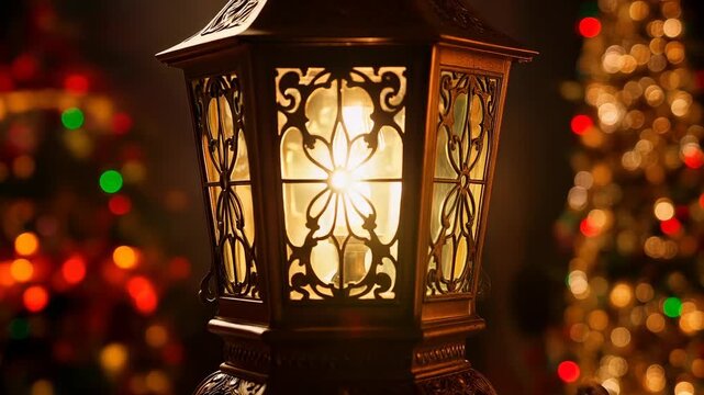 Glowing lantern casting halo, showing filigree as camera moving closer at home, with tree bokeh