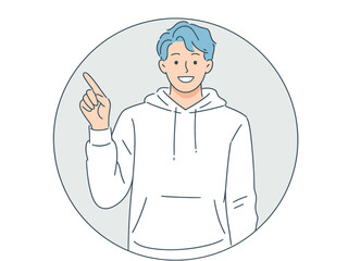Young Man Pointing Upward with Smiling Face in White Hoodie and Blue Hair